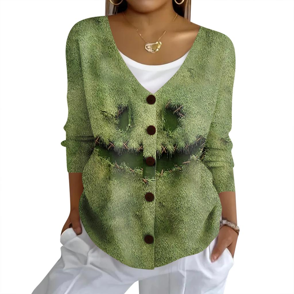Women's Fashion Casual Knit Sweater Button-Up Halloween Printed  Cardigan Jacket