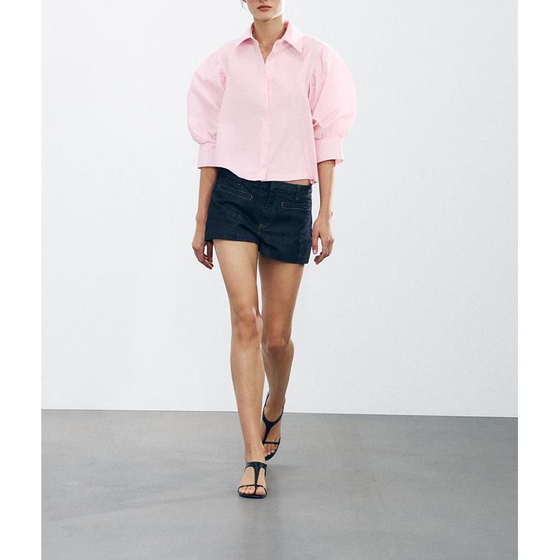 Spring and Summer New Women's Clothing Commute Leisure Decorated Row Button Cotton Puff Sleeves Poplin Lapel Shirt 2731082