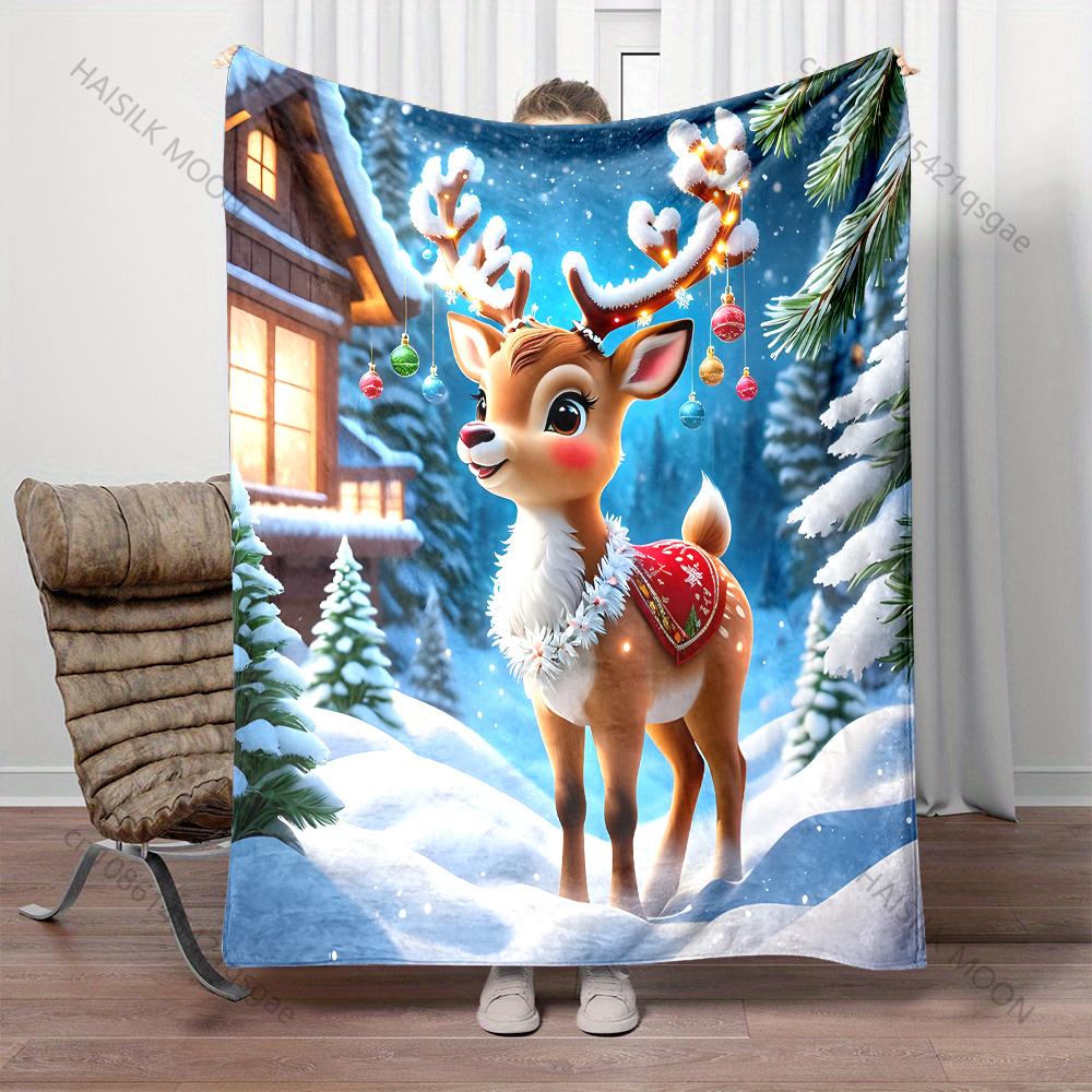 Festive Reindeer in Snowy Landscape Pattern Blanket Flannel Material Soft Warm for All Seasons Home Outdoor Camping Picnics RV