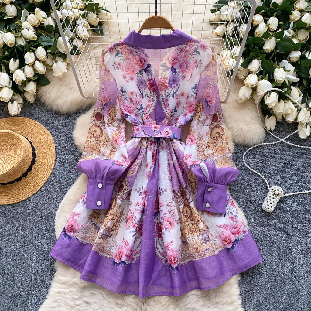 French spring dress women's new retro suit collar long sleeve waist single-breasted printed A-shaped skirt