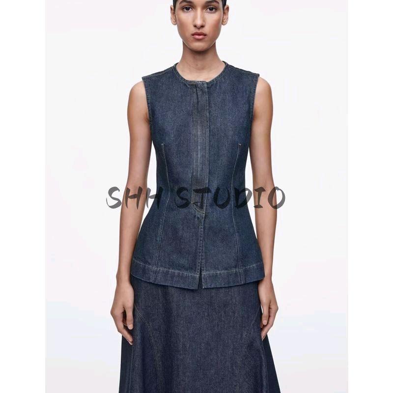 Spring New Women's Clothing French Design Slim Fit Round Neck Denim Sleeveless Tops Vest 1265155