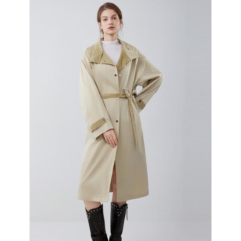 ELLE Women's Patchwork Corduroy Stand-Collar Trench Coat