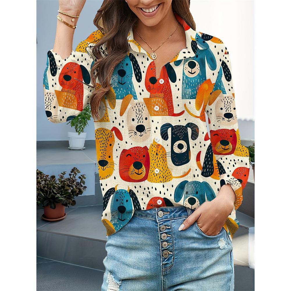 New Women's Shirts Bird Print Long Sleeve Shirt Loose Casual Fashion Shirt Large Size Women's Lapel Temperament Shirt