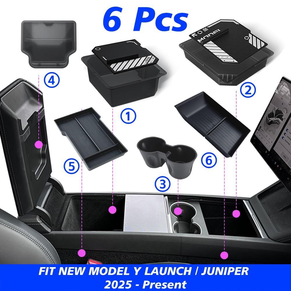 Console & Armrest Storage Box For Tesla New Model Y 2025 Juniper Launch ABS with Silicone Non-slip Mat Upper and Lower Watercup