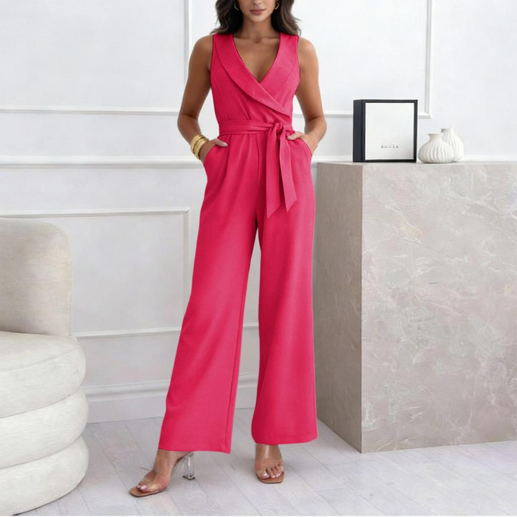 Women's Fashionable Casual High Waisted Wide Leg Tapered Jumpsuit With Tie Waist For Commuting
