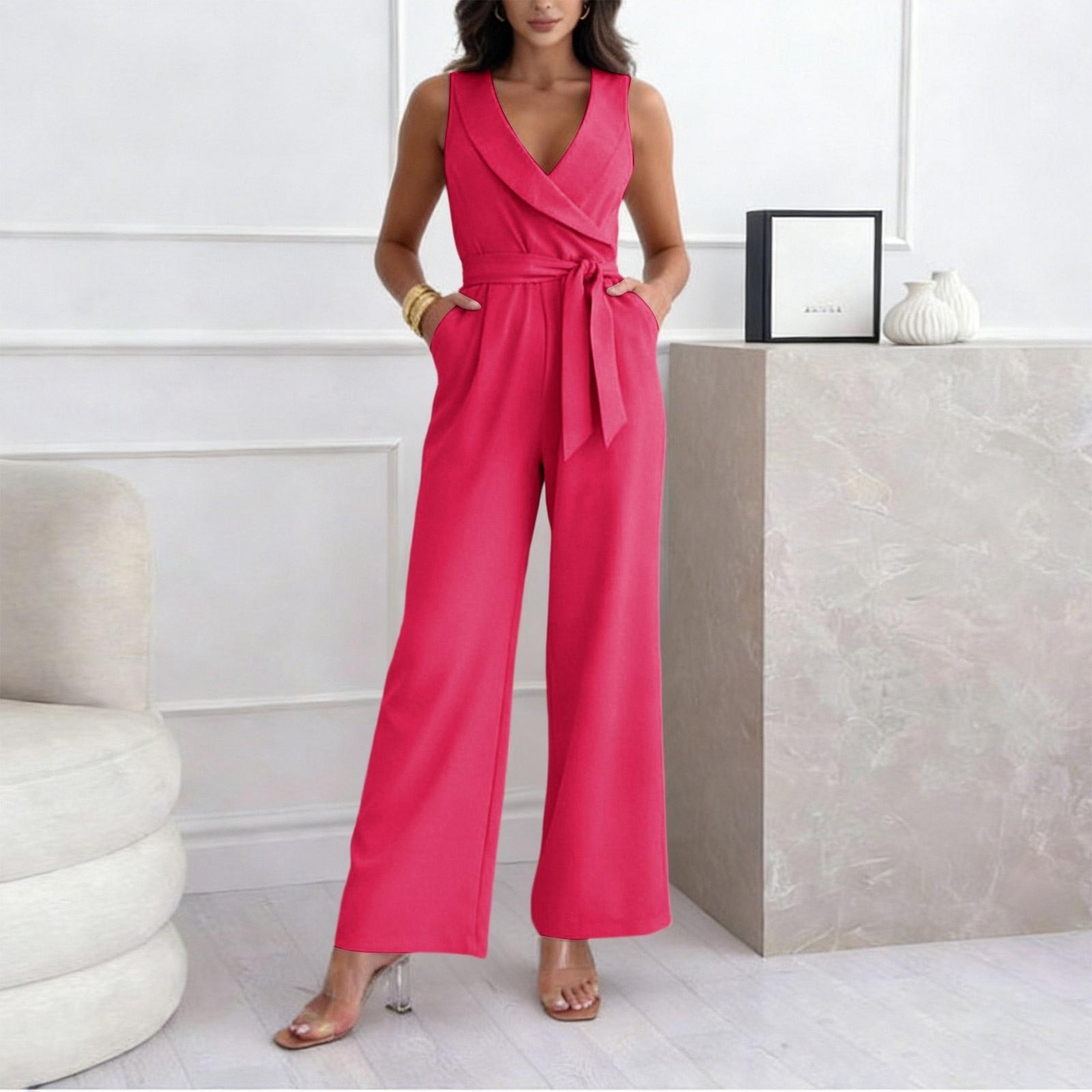 

Women s Fashionable Casual High Waisted Wide Leg Tapered Jumpsuit With Tie Waist For Commuting M червоний