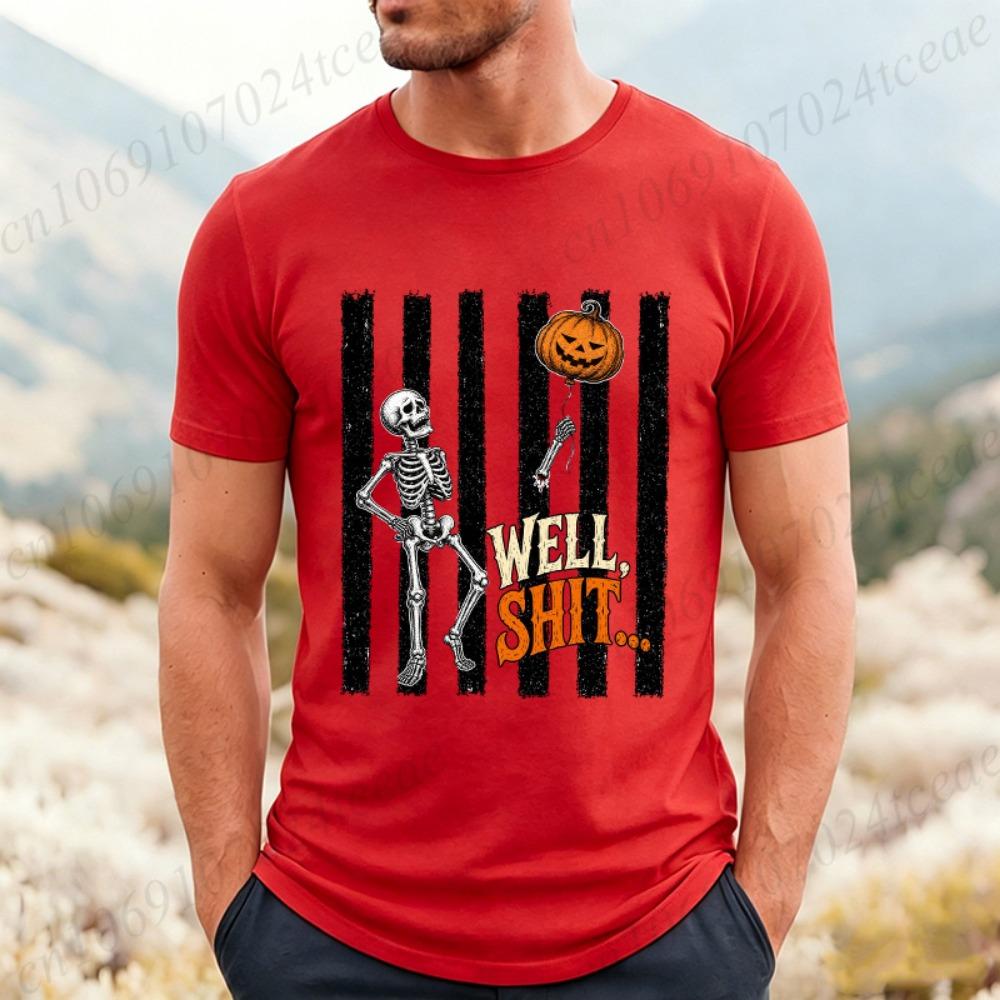 Skeleton Lost Balloon Print Men's T-Shirts Well Shit Funny Skeleton Shirts Dark Humor Halloween Design T-Shirts Gothic Tees Gift
