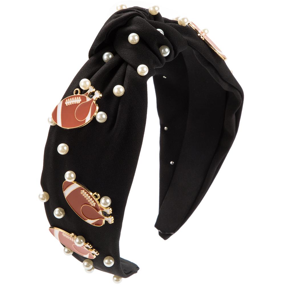 

Pearl-Embellished Minimalist Fabric Headband for Women - Sporty Style with Alloy Rugby Ball Accent.