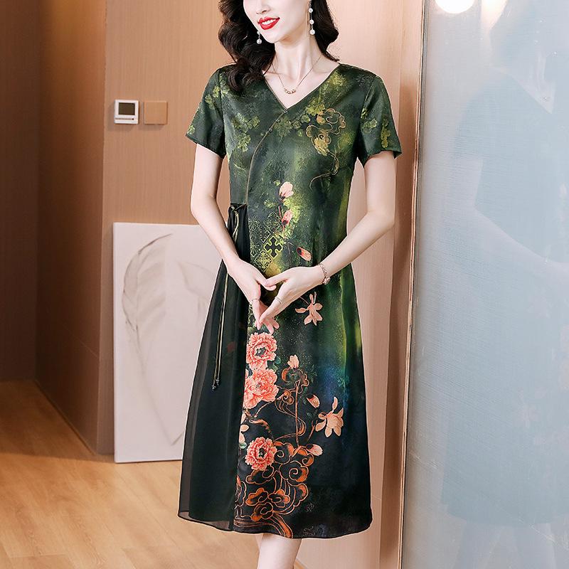 

Элегантное зеленое платье А-силуэта в стиле ретро - мода лета 2024 года, с коротким рукавом, длинное и шикарное для женщин 2XL зелёный