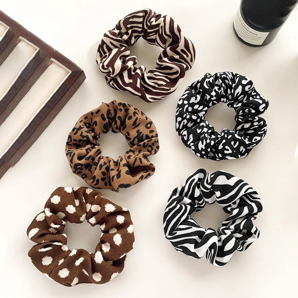 5pcs Retro Hair Scrunchies Leopard Print Cow Spot Polka Dot Pattern Elastic Hair Ties Hair Accessories Hairband Elegant Hairband