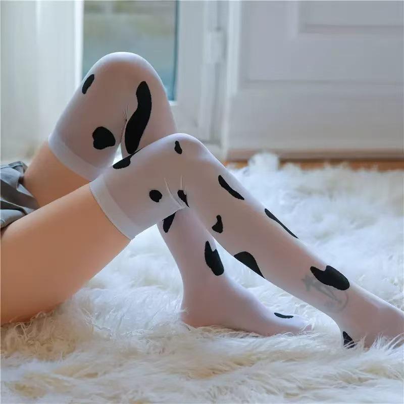 Sexy Cow Pattern Over-the-Knee Stockings - Milky White with Spots