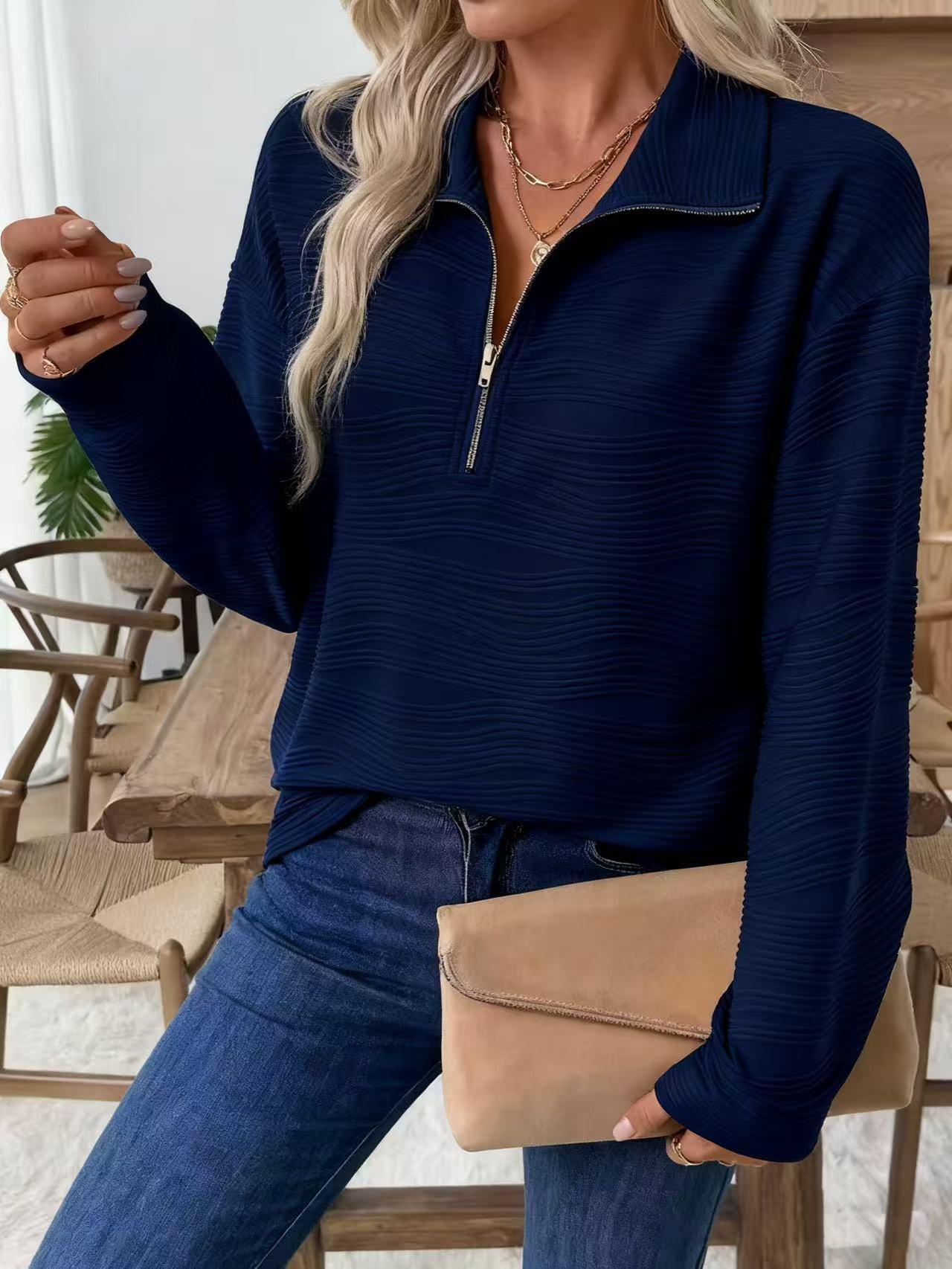 

2025 Women s Autumn Solid Knit Half-Zip V-Neck Loose Long Sleeve Sweatshirt XL синій