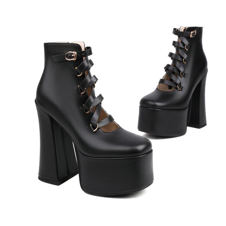 FOREADA Women Pu Leather Pumps Platform Super High Hoof Heels Round Toe Gladiator Zipper Punk Style Spring Autumn Shoes Black