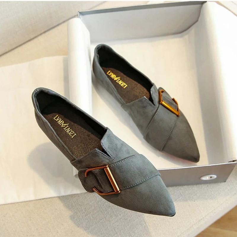 New Fashion Women Suede Leather Flat Shoes Girl Boat Shoes Pointed Toe Slip-on Loafers Big Size