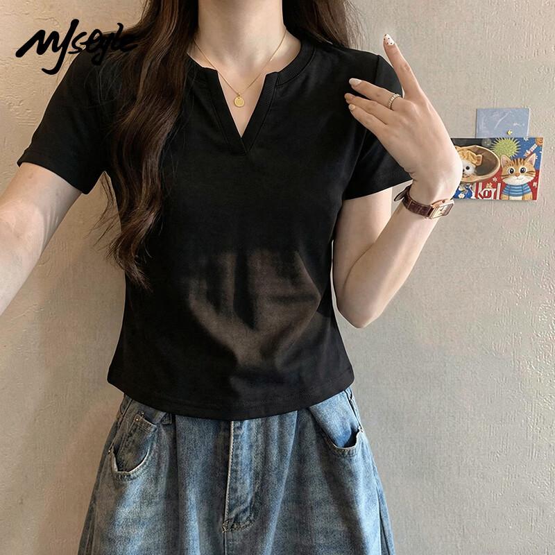 MJ STYLE Women's V-Neck Ruched Slim Fit Short Sleeve T-Shirt