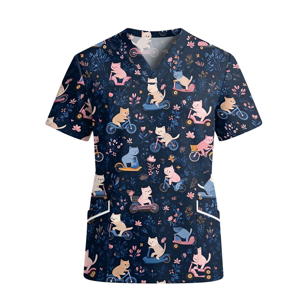 Top da Lavoro da Donna con Scollo a V, Manica Corta, Tasche, Stampa Animalier, Camice Medico, Leggero, Vestibilità Comoda per Professionisti Sanitari