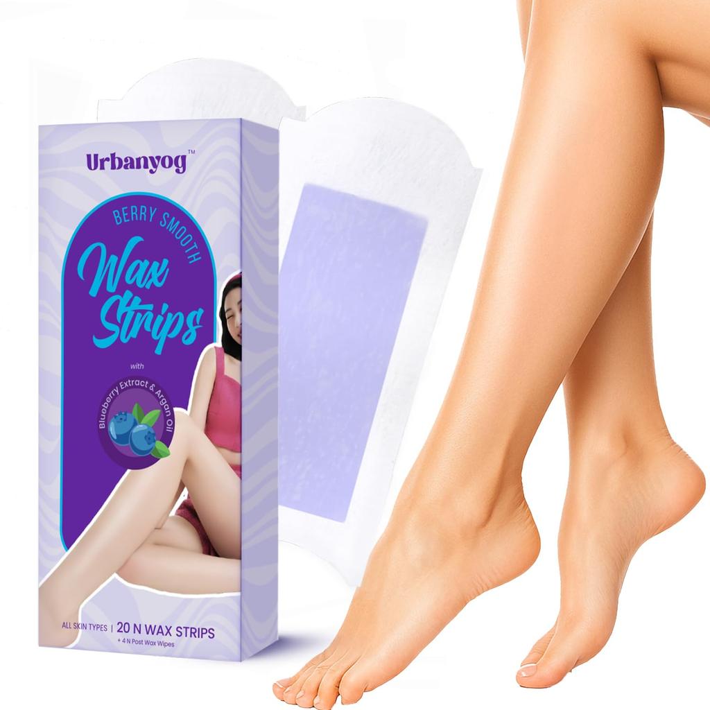 Urbanyog Berry Smooth Wax Strips | Full Body Waxing Strips | 20 Wax Strips & 4 Post - Wax Wipes | With Blueberry Extract & Argan Oil | Cold Waxing