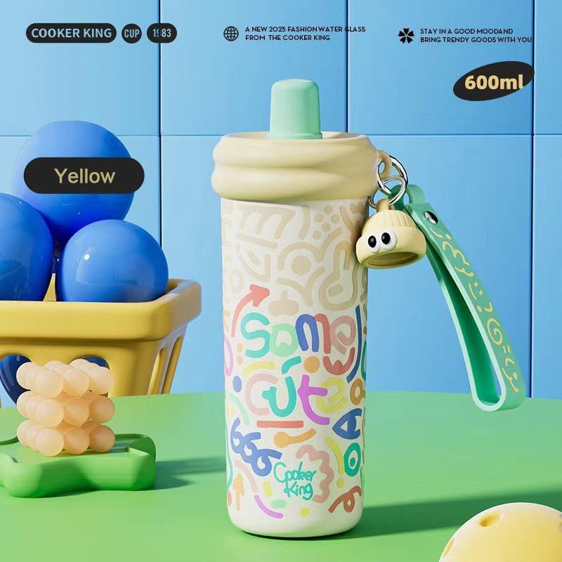 COOKER KING Sports Thermos Cup Stainless Steel Water Cup Colorful Patterns Insulated Water Bottle with Straw Hot & Cold Flask