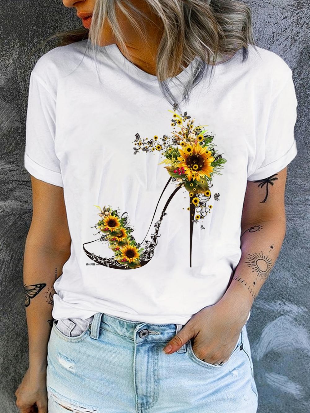 

Maycaur Pink High Heels Flowers Bag Print T-Shirt Women Trendy Hipster Harajuk Kawaii Short Sleeves Топи Футболка Femme Clothes 4XL