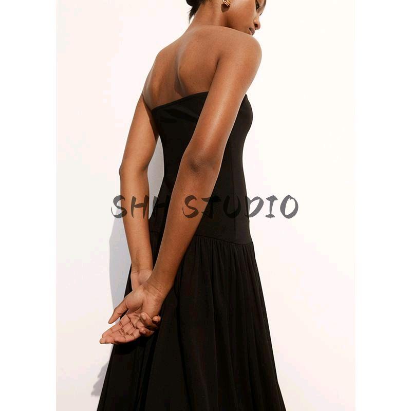 Spring New Women Clothes European and American Simple Style Tube Top Sleeveless Long Mini Dress 1239043
