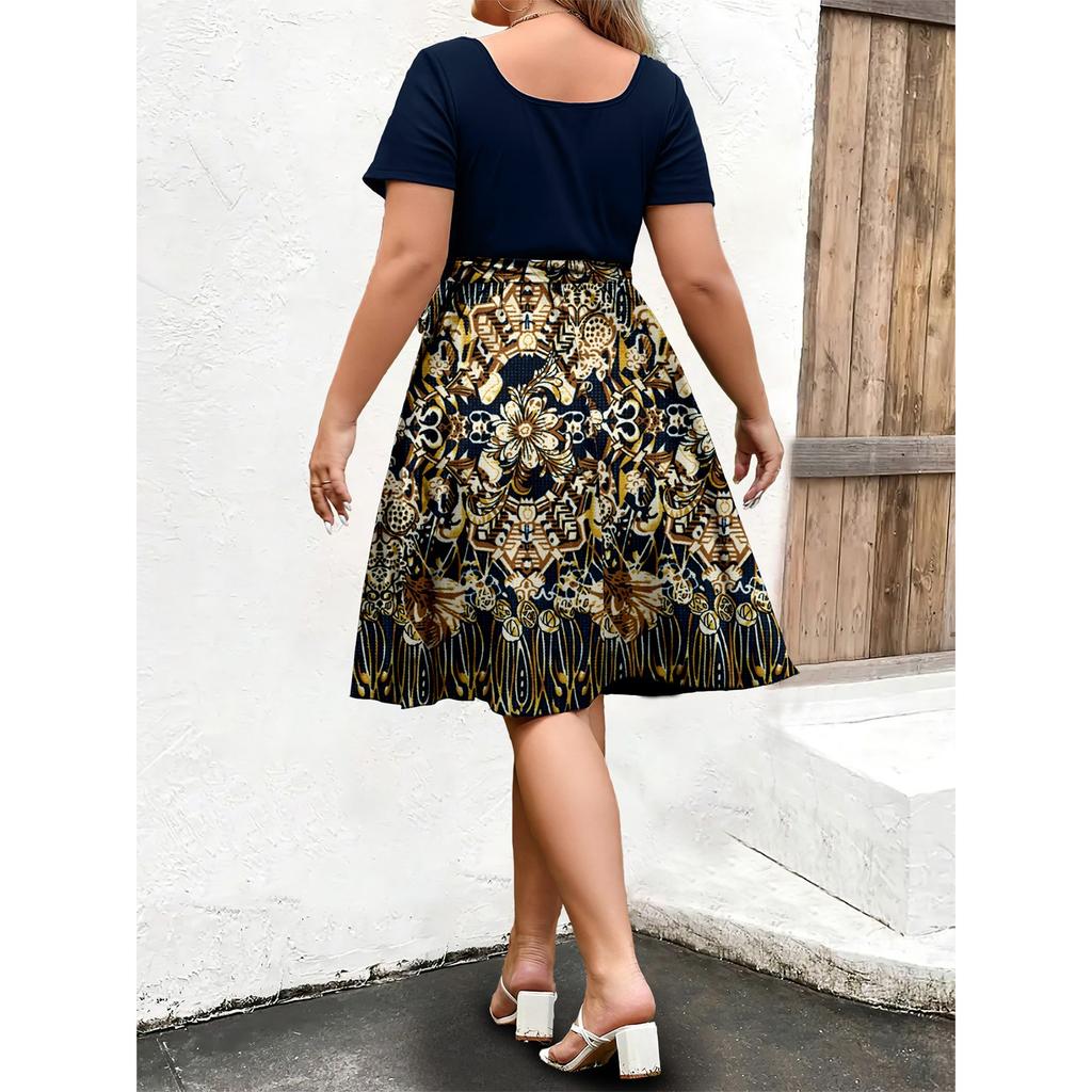 Women's Fashionable And Trendy Round Neck Short Sleeved Waist Print Dress In Plus Size