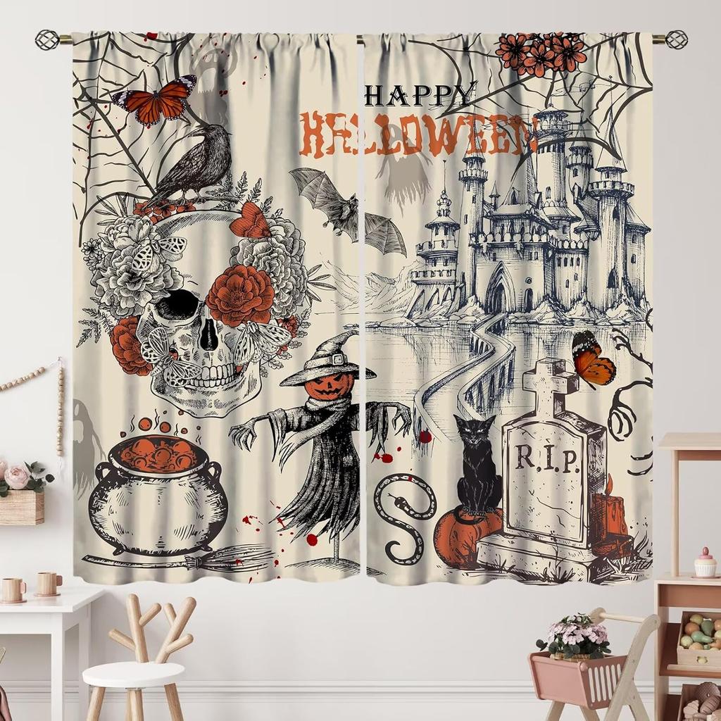 Halloween Curtains Horror Spooky Drapes Haunted House Mansion Curtain Bedroom Living Room Decor Made Of Polyester With Rod Pocket Great
