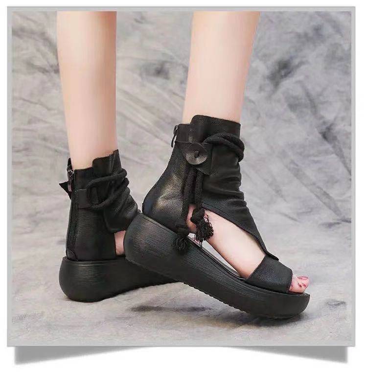 Fashion Shoes for Women Ladies Vintage Pu Leather Boots Fashion Women Sandals Summer Mid Heels Wedges Shoes Sandalias Mujer  Sneakers