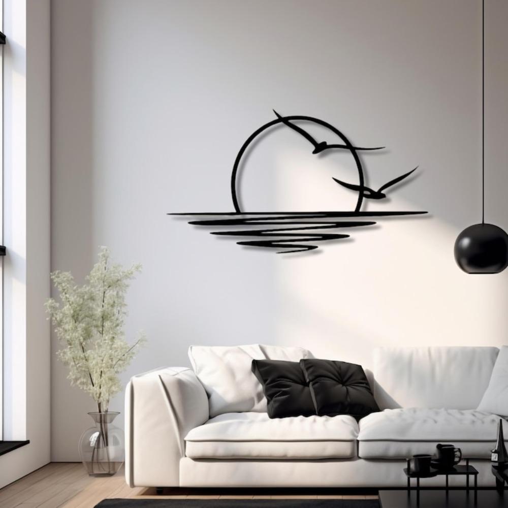 

Metal Wall Art Sunrise Seagulls Summer Sunset Home Decor Modern Gift 12in чорний