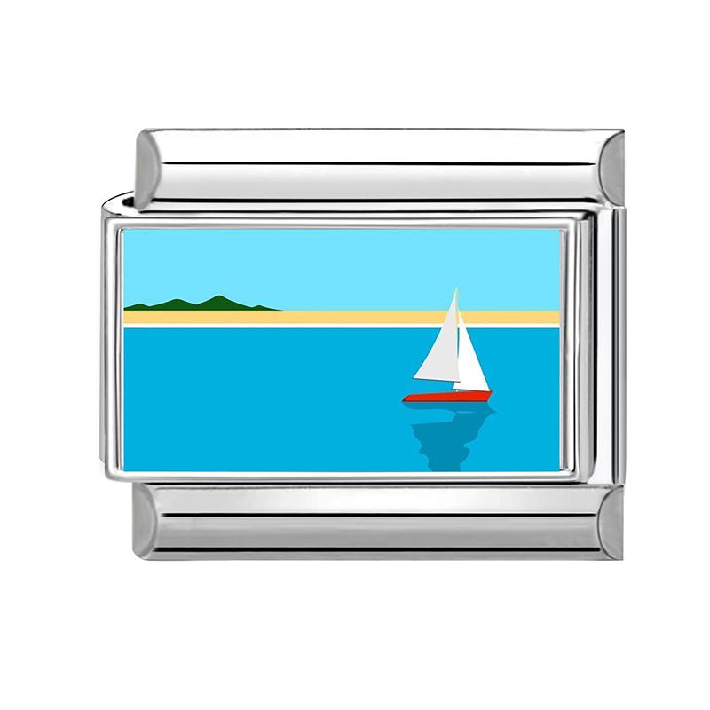 Fashion Blue Series Seaside Scenery Seawave Sailing Italian Charm Links Fit 9mm Stainless Steel Bracelet Jewelry DIY Making