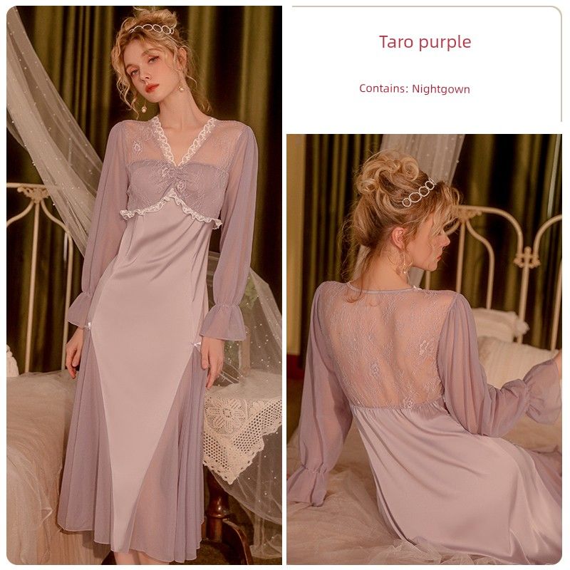 

Good Morning with You Lace Ice Silk Long Sleeve Pajamas Long Dress with Chest Pad Can Be Outwear Long Dress to Ankle Super Long Nightdress Dream Purple 165(L)