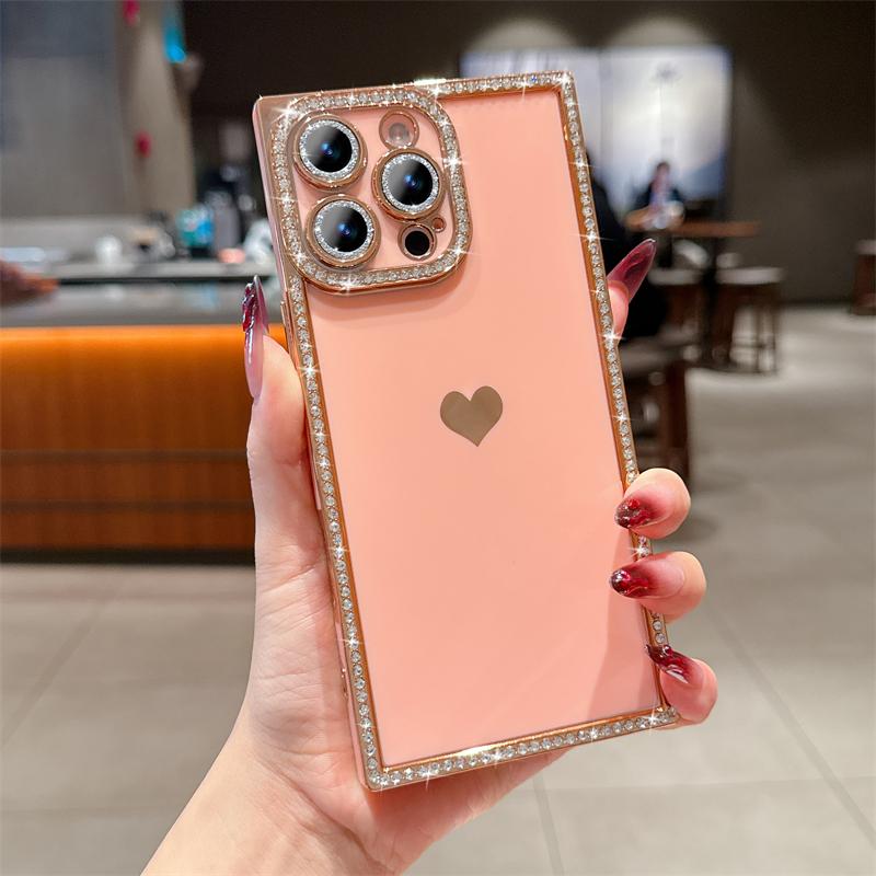 Luxury Diamond Glitter Love Heart Phone Case For iPhone 13 14 15 16 Pro Max Plus Fashion Plating Soft Shockproof Bumper Cover