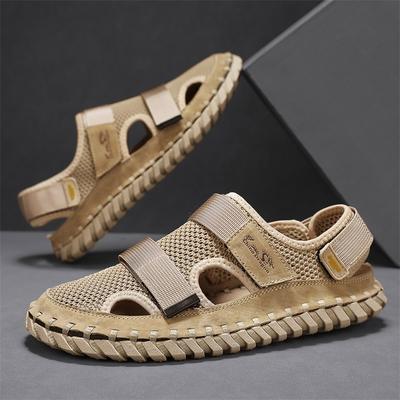 Casual Hiking Shoes Soft Wear-resistant Soles Men's Cowhide Sandals Hollowed Out Men's Mesh Shoes Breathable Versatile Red Brown