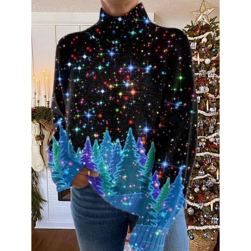 Womens Christmas Print High Neck Sweater Loose Fit Casual Long Sleeve Top