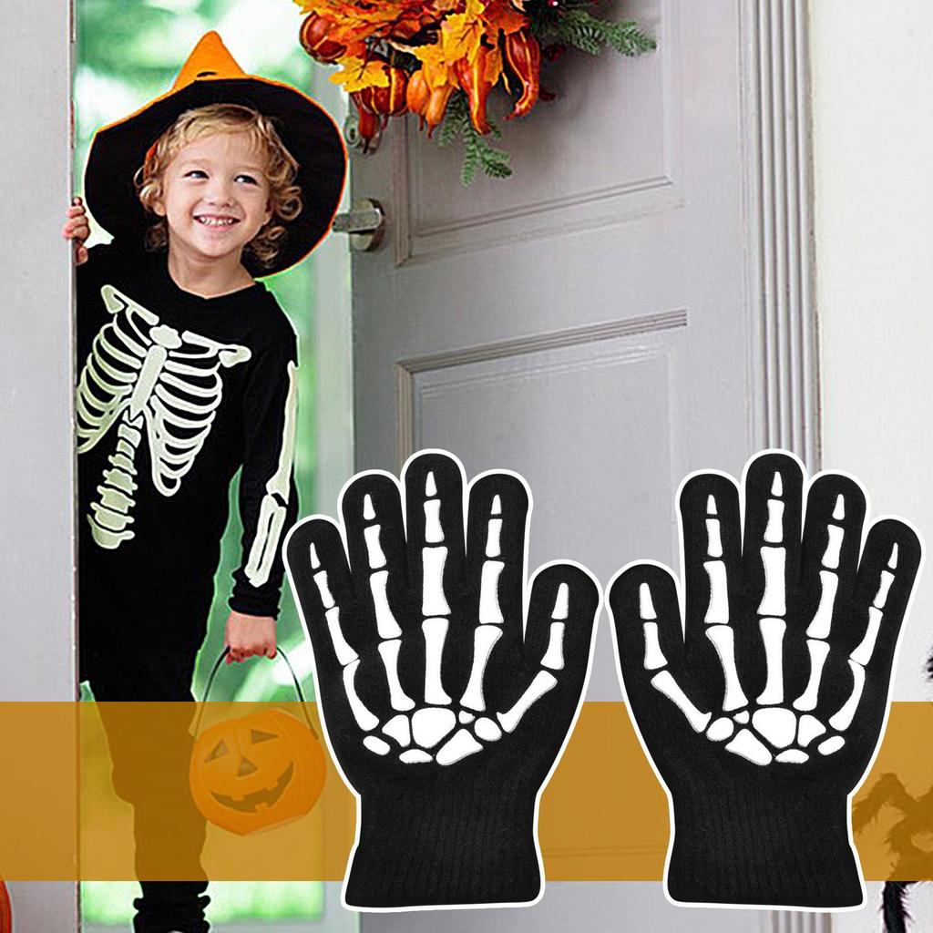 Skeleton Cycling Gloves Halloween Full Finger Skull Mittens Glow In The Dark Halloween Costume Accessory Gloves for Ages 5-12
