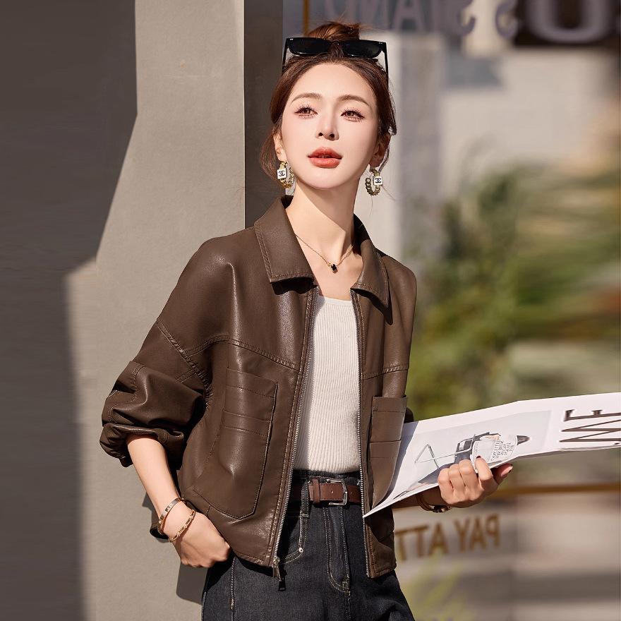 

Маленькая кожаная куртка женская короткая новая весенне-осенняя свободная повседневная ретро темперамент кожаная куртка топ 2XL кофейный