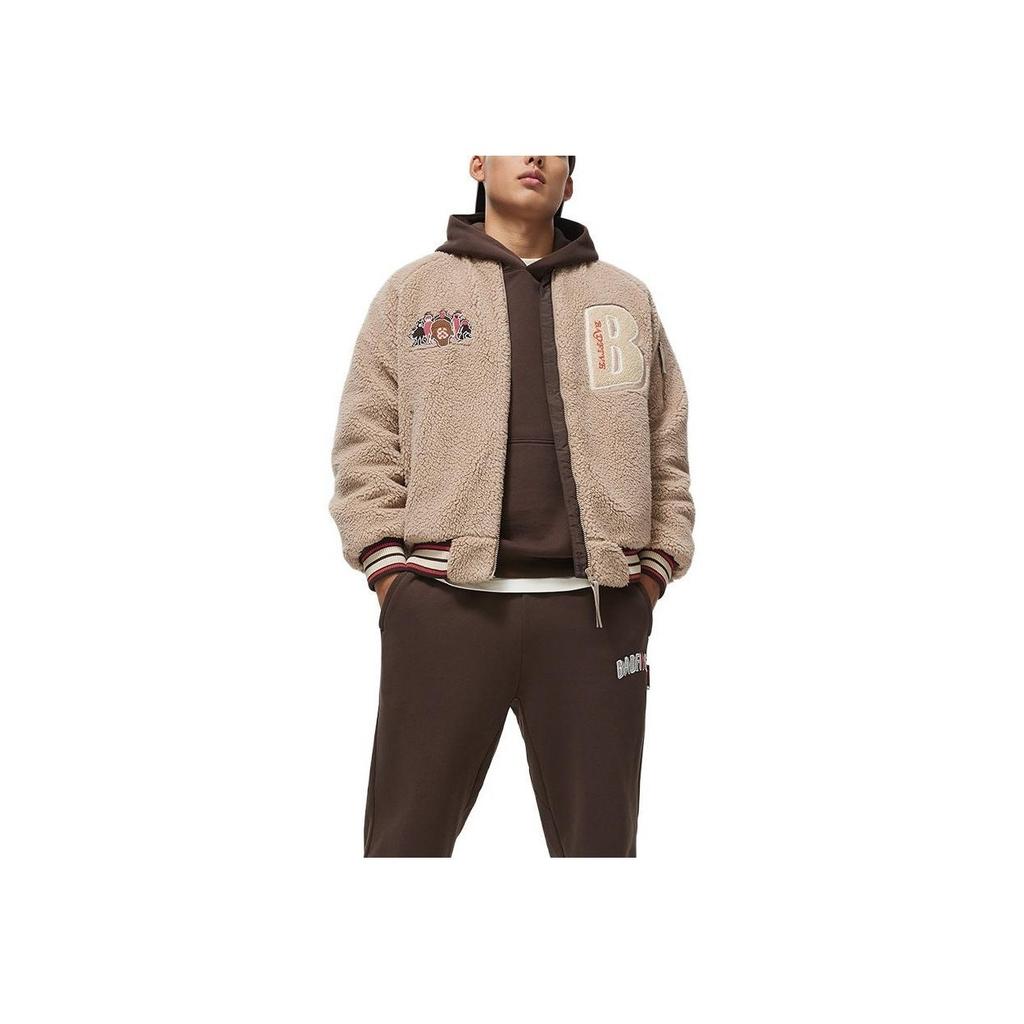 Li Ning Badfive Letter Print Knitted Sports American Vintage Winter Baseball Jacket Men Jackets Light-Glaze-Brown AFMT017-1