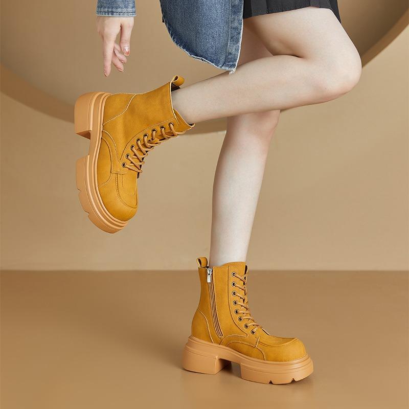 3233 small size leather rhubarb boots women's thick-soled high-top lace-up women's boots velvet solid color casual student shoes