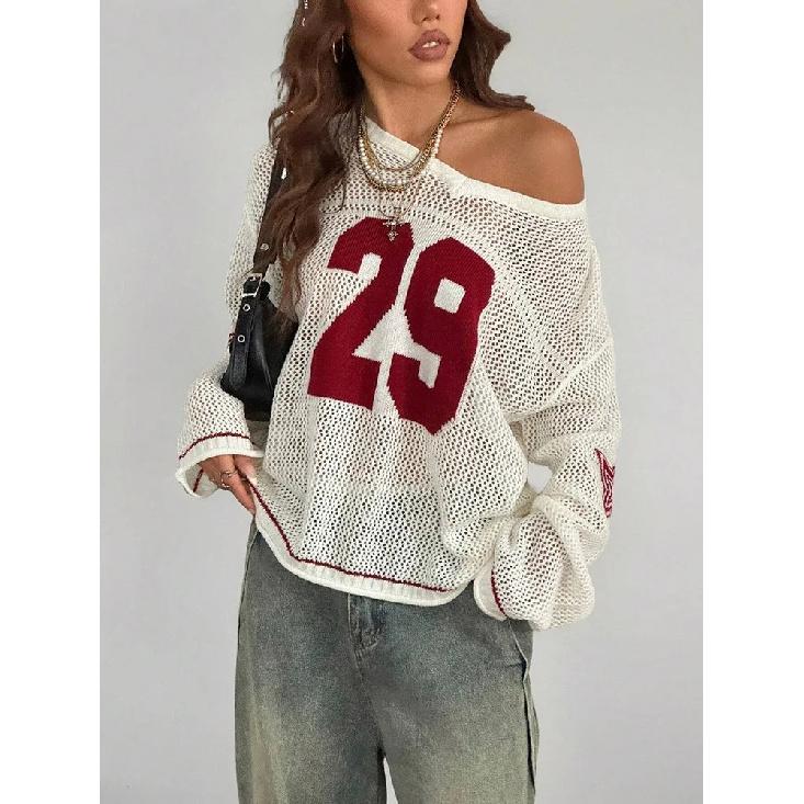 Y2K Stil Sporttrikot Damen Strickoberteile Modischer Digitaldruck Rundhalsausschnitt Langarm Pullover 2026 Sommer Street Trend