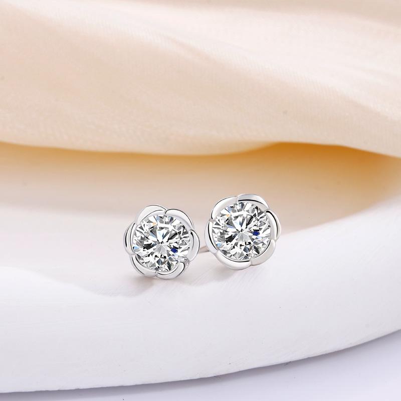 S925 Sterling Silver Rose Stud Earrings with Cubic Zirconia - Fashionable, Lightweight, and Versatile Flower Design for Women 925 Silver платиновый