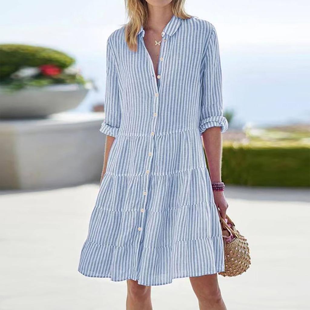 Y2K Women Striped Long Sleeve Mini Dresses Commuter Lapel Single-Breasted Shirt Dress Fashion Hem A-Line Party Dress
