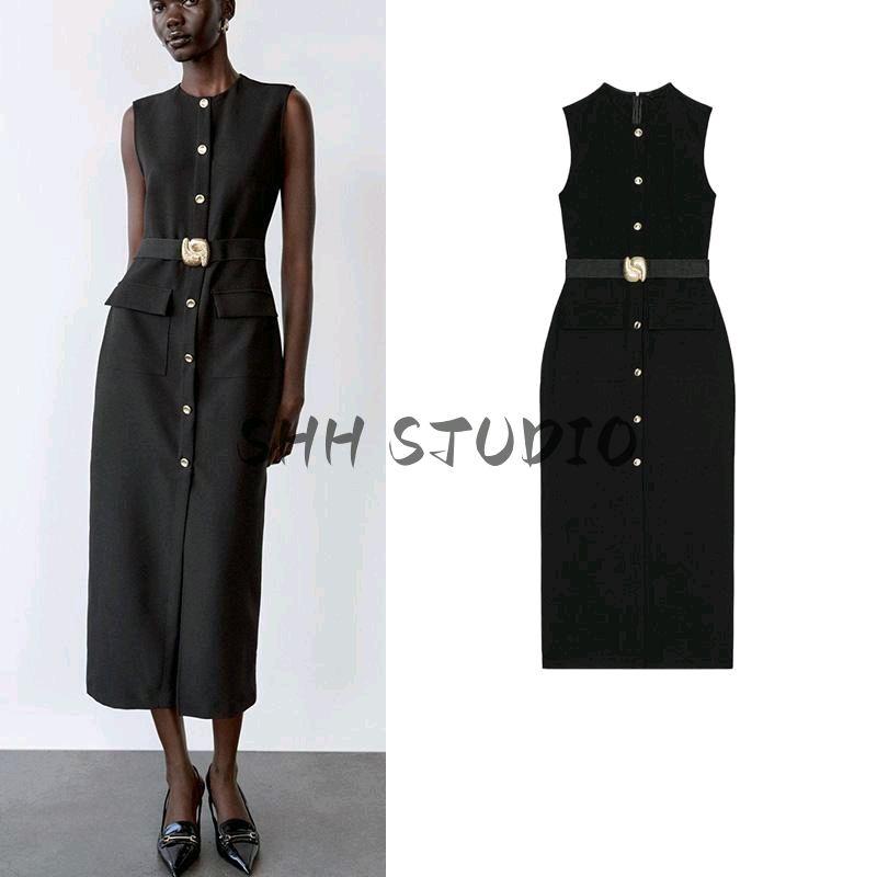 Spring New Women's Clothing Breasted Decoration with Belt Crepe Sleeveless round Neck Midi Skirt Dress 3897054