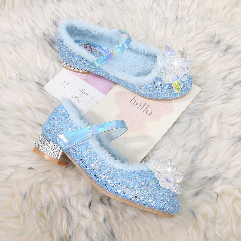Elsa Princess Crystal High-Heeled Furry Velvet Children's Shoes - 2024 Autumn/Winter Collection