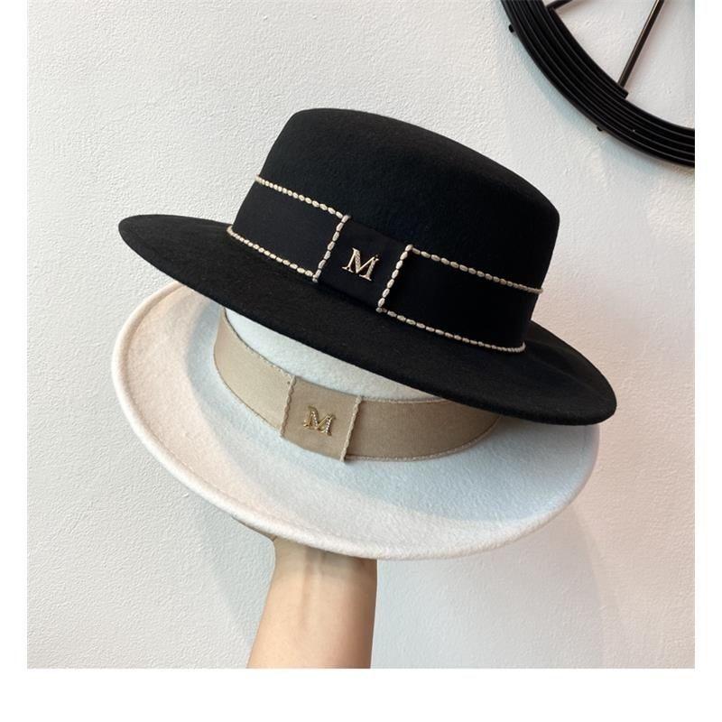 Autumn and Winter Women's Wool Woolen Flat Top Top Hat Female British Retro M Standard Celebrity Style White Felt Hat Jazz Hat Tide