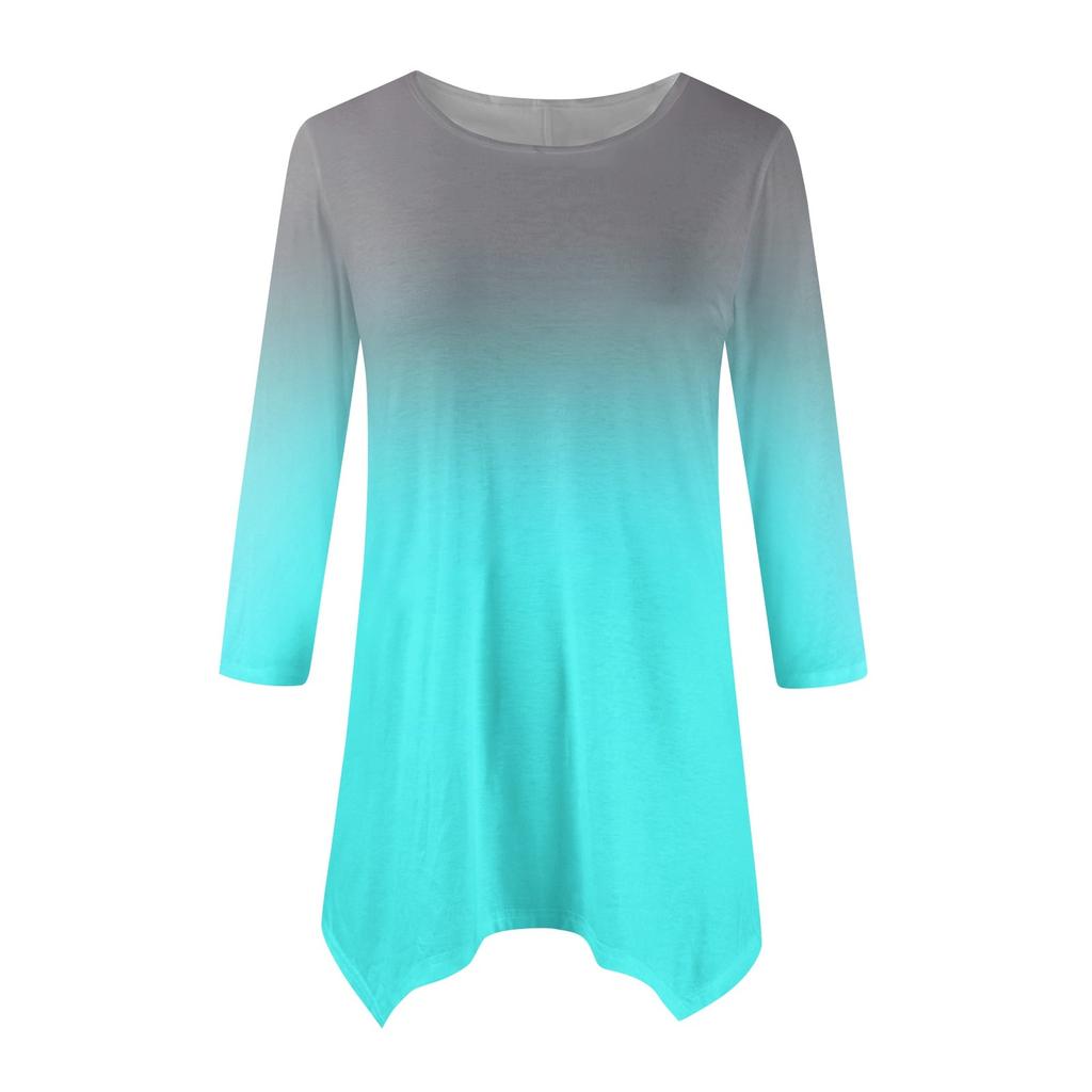 Women's Fashion Casual Crew-neck Gradual Print Seven-point Sleeve Shirt Belted Loose Comfortable Top