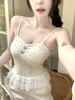 #Human Cotton Sweet Wind Polka Dot Lace Splicing Sling Vest with Lace Hem Slim Fit One-piece with Chest Pad