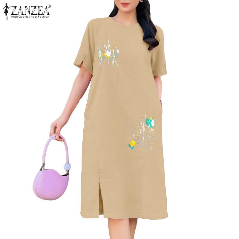 ZANZEA Women Summer Round Neck Casual Short Sleeve Print Dress