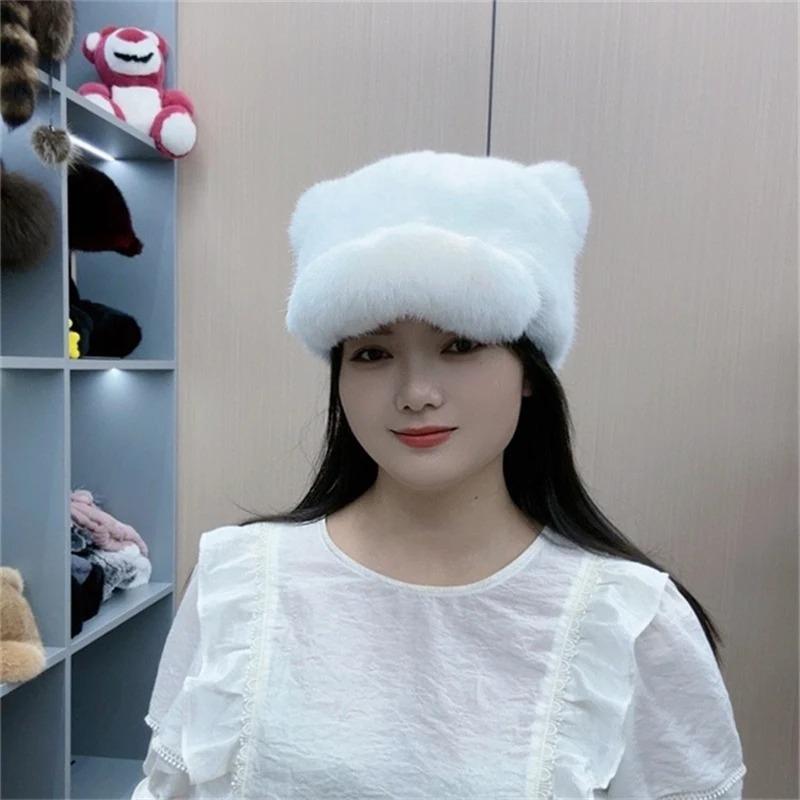 Real rabbit fur hat cat ear round top for shopping thick genuine rabbit fur warm women winter and autumn baseball cap