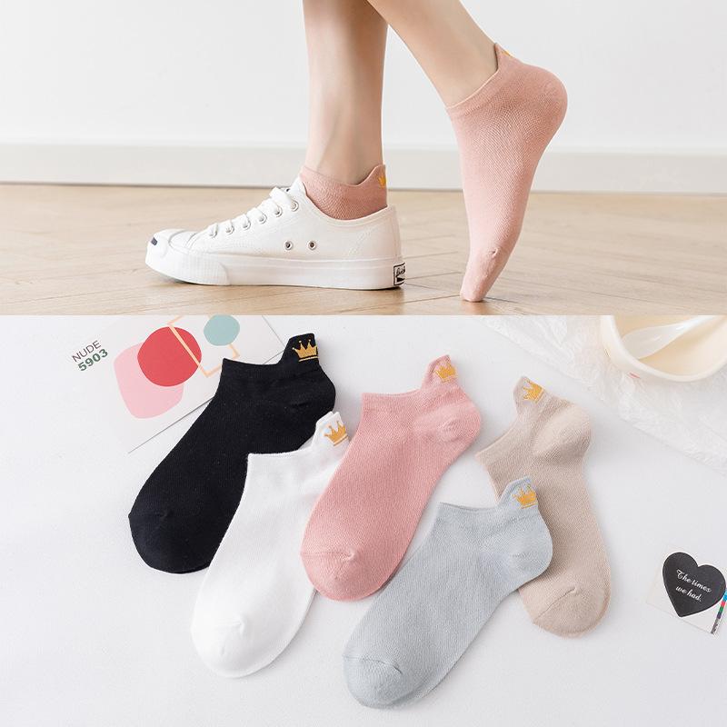 Women's Summer New Solid Color Embroidery Mesh Heel Crown Collegiate Air Breathable Boat Socks