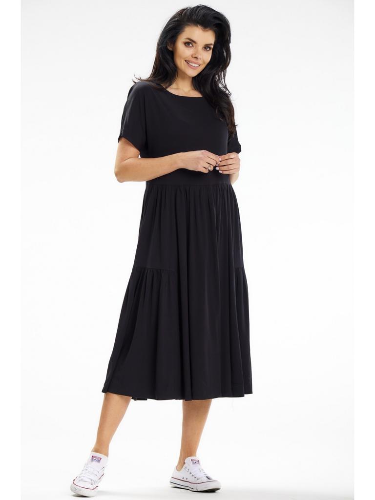 Flared midi dress with short kimono sleeves, black XL