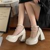 Fashion High Heels Mary Jane Shoes for Women 2025 Patent Leather Platform Pumps Woman Metal Chain Thick-Heeled Shoes Female